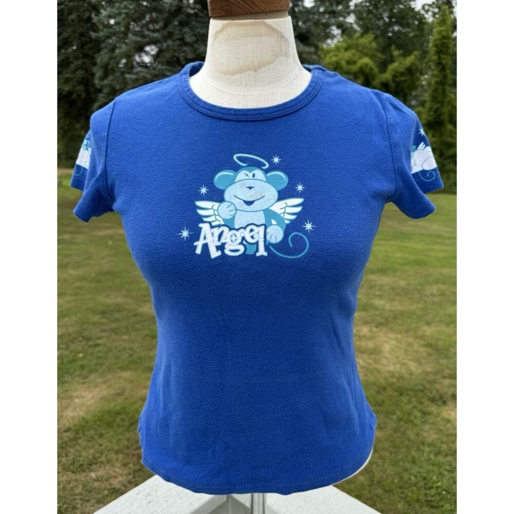 Y2K Angel Monkey Glitter Baby Tee Blue RAVE Brand Fitted Cyber Cute 2000s